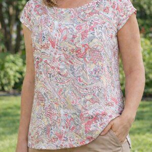 Lina Tomei Women’s M Paisley pin-tuck 100%  linen cap sleeve Top